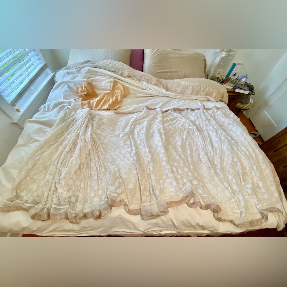 Indian Organza Silk Embroidered White Cream Saree with Gold Metallic Detail Sz S